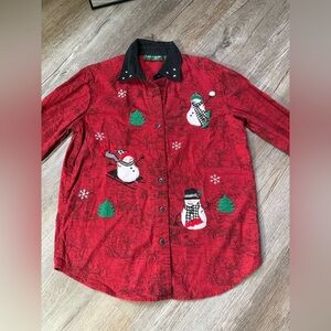 VTG Lemon Grass Festive Embroidered Red Snowman Button-Up Retro Shirt Size S